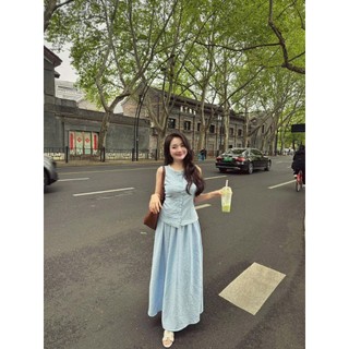 MIMI CLOTHING - Set bộ nữ hai chi tiết kẻ sọc xanh phối chân váy dài
