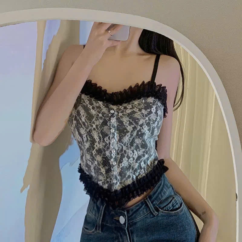 Áo hai dây ren hoa cổ bèo dễ thương đính nút phong cách tiểu thư, áo croptop nữ xinh dễ phối đồ hottrend – Dandallovely