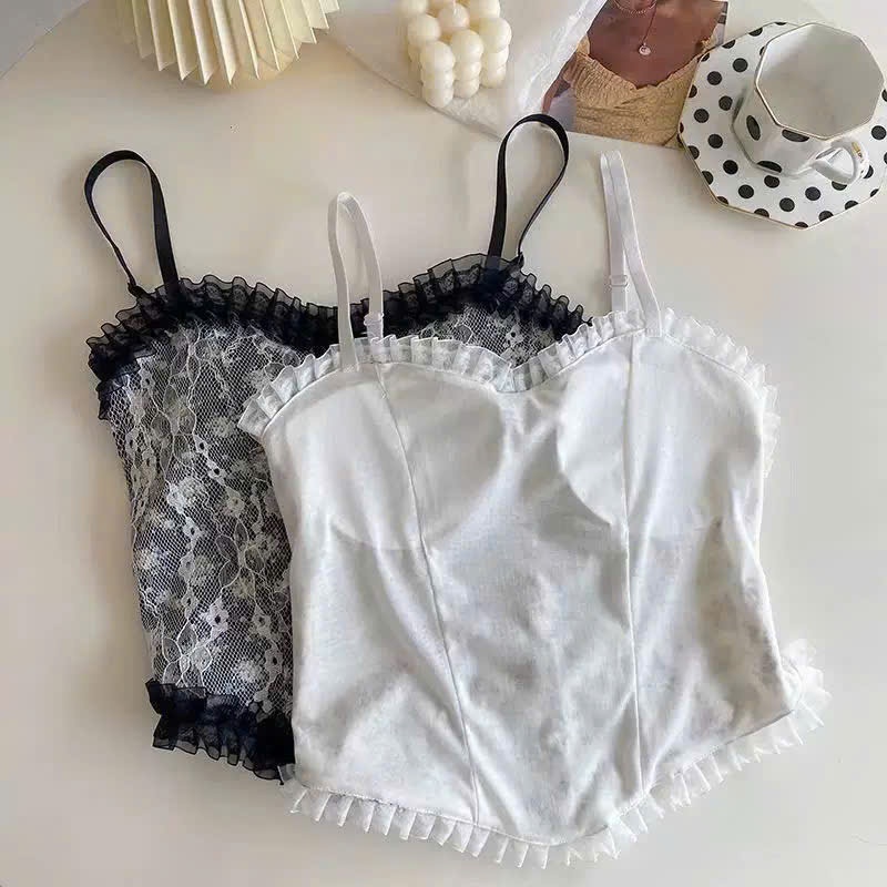 Áo hai dây ren hoa cổ bèo dễ thương đính nút phong cách tiểu thư, áo croptop nữ xinh dễ phối đồ hottrend – Dandallovely
