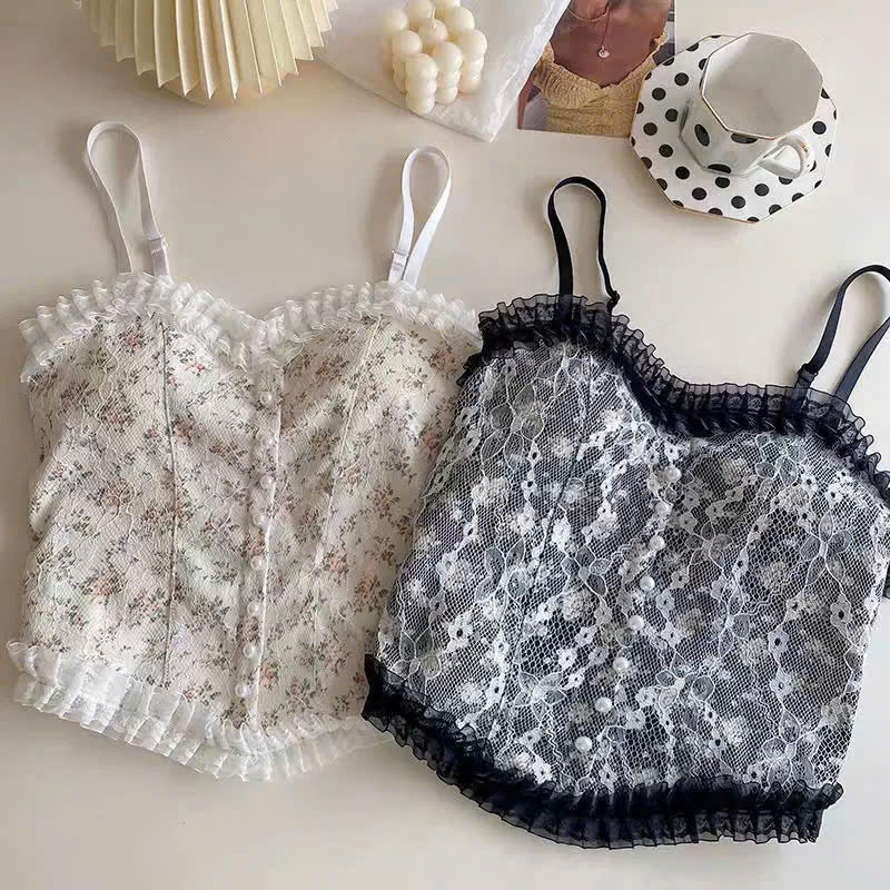 Áo hai dây ren hoa cổ bèo dễ thương đính nút phong cách tiểu thư, áo croptop nữ xinh dễ phối đồ hottrend – Dandallovely