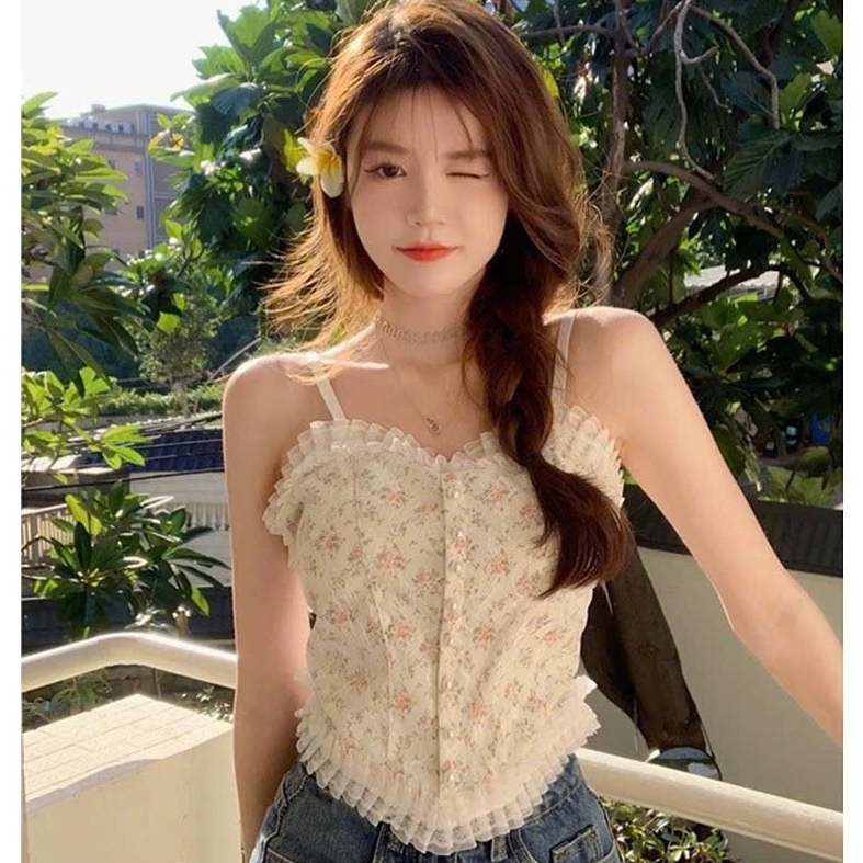 Áo hai dây ren hoa cổ bèo dễ thương đính nút phong cách tiểu thư, áo croptop nữ xinh dễ phối đồ hottrend – Dandallovely