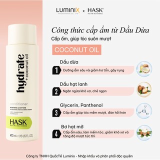 Dầu Xả HASK Coconut Oil Chiết Xuất Dầu Dừa 473ml - Cấp Ẩm Phục Hồi Chuyên Sâu, Giúp Tóc Mềm Mượt Chắc Khoẻ [34158AC]