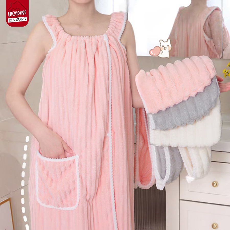 Váy Choàng Tắm Nữ Siêu Thấm Hút, Đầm Tắm Sợi Bông Cao Cấp Mềm Mại, Nhanh Khô, Mặc Sau Khi Tắm