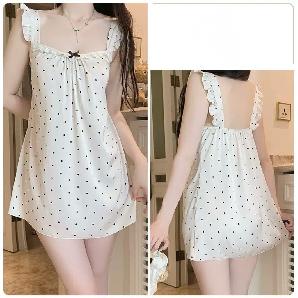 Váy Mặc Nhà Hai Dây Chấm Bi Xinh Xắn Đầm Ngủ Dáng Xòe Phối Viền Ren Nữ Tính Mềm Má