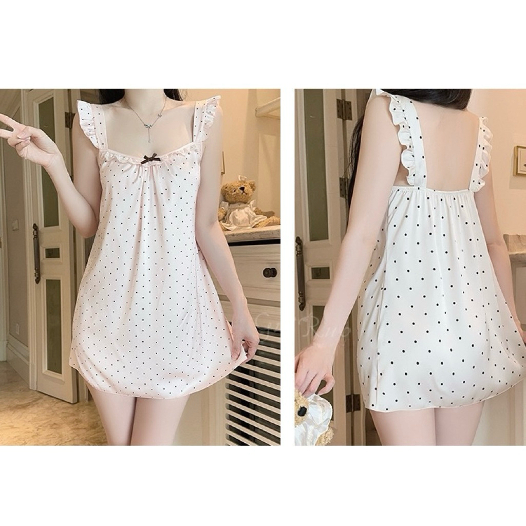 Váy Mặc Nhà Hai Dây Chấm Bi Xinh Xắn Đầm Ngủ Dáng Xòe Phối Viền Ren Nữ Tính Mềm Má