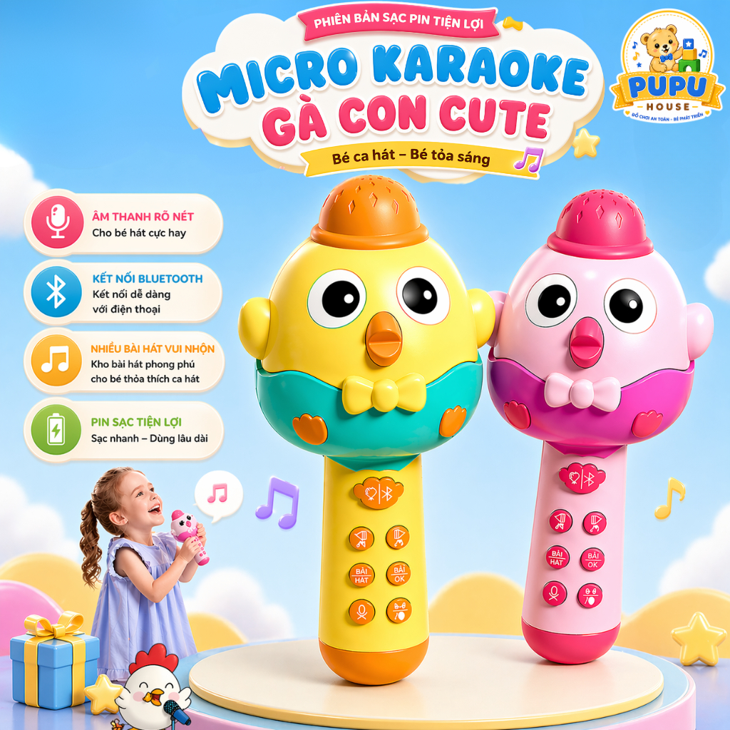 Micro Tập Hát Karaoke Cho Bé Không Dây Bằng Nhựa Dễ Thương Đồ Chơi Cho Trẻ Em Kết Nối Bluetooth - PUPU HOUSE