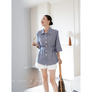 Áo sơ mi nữ kiểu HAGOO công sở cao cấp chất liệu linen thiết kế kẻ sọc phong cách trẻ trung thanh lịch [A8133]