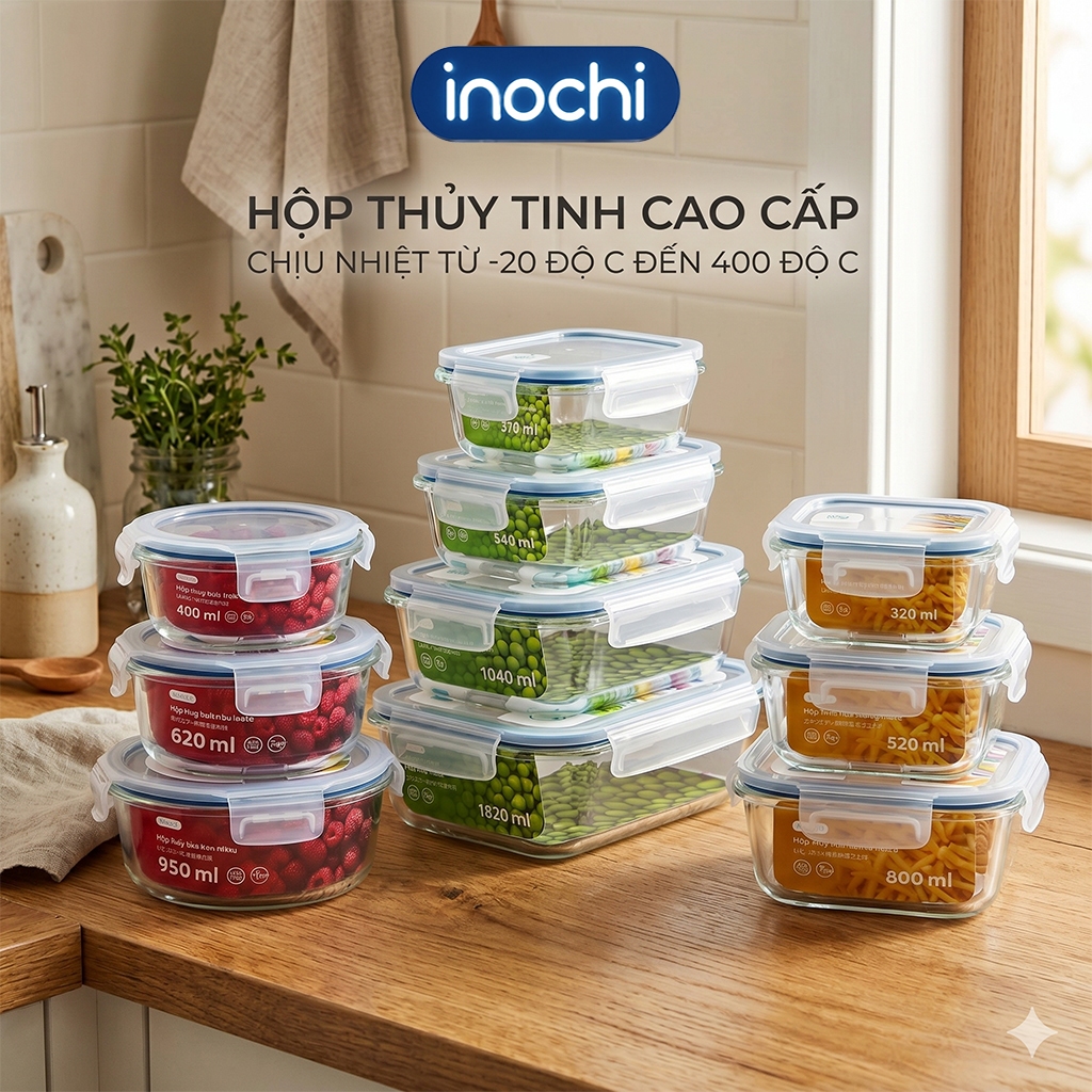 Hộp Thuỷ Tinh ✨Đựng Thực Phẩm Nikko INOCHI Đồ Ăn✨ Thức Ăn Trong Ngăn Đá Tủ Lạnh✨ Bảo Quản Thực Phẩm