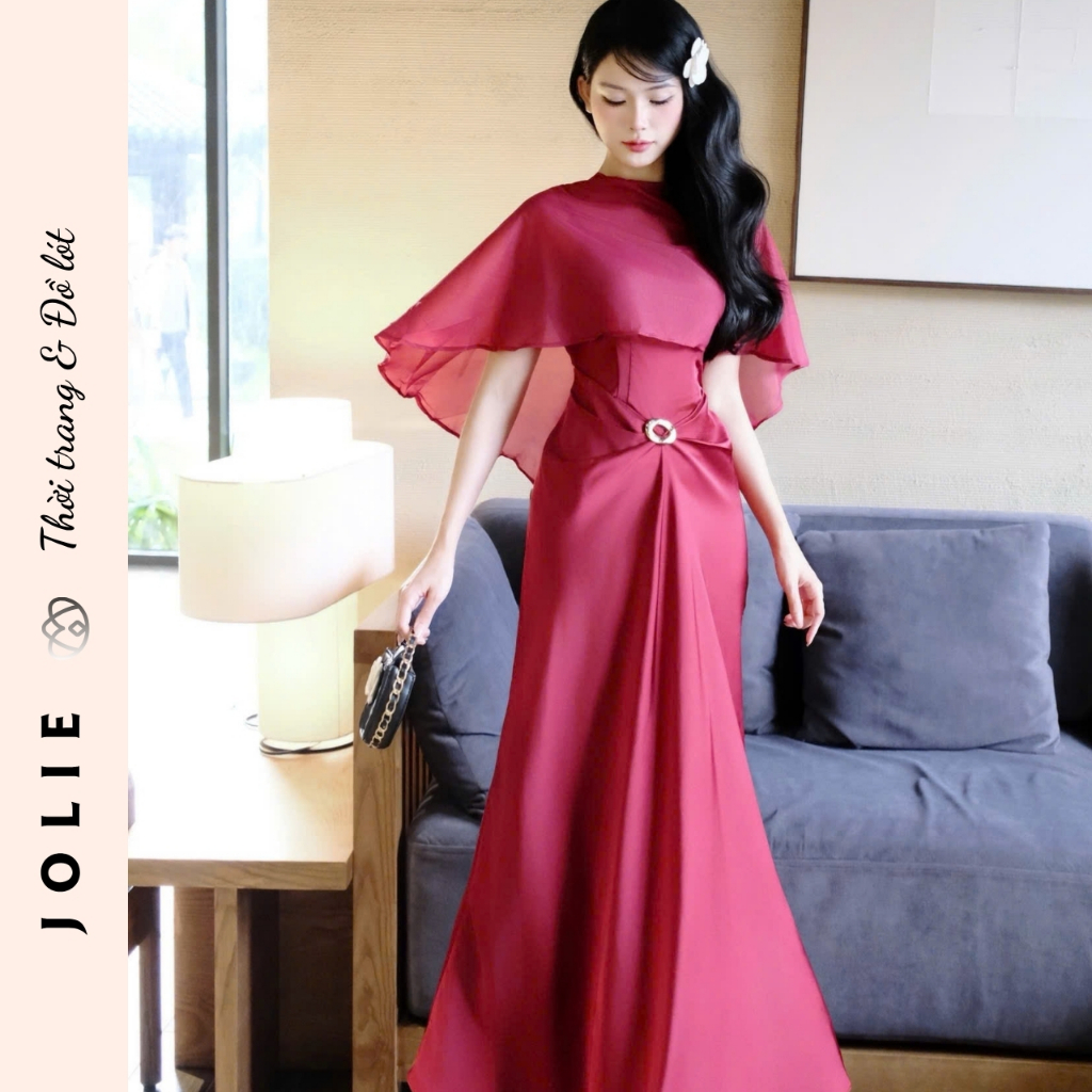 Váy Dài Dự Tiệc Cổ Cao Phối Tơ Tay Choàng Đính Khuyên Eo Cao Cấp Jolie