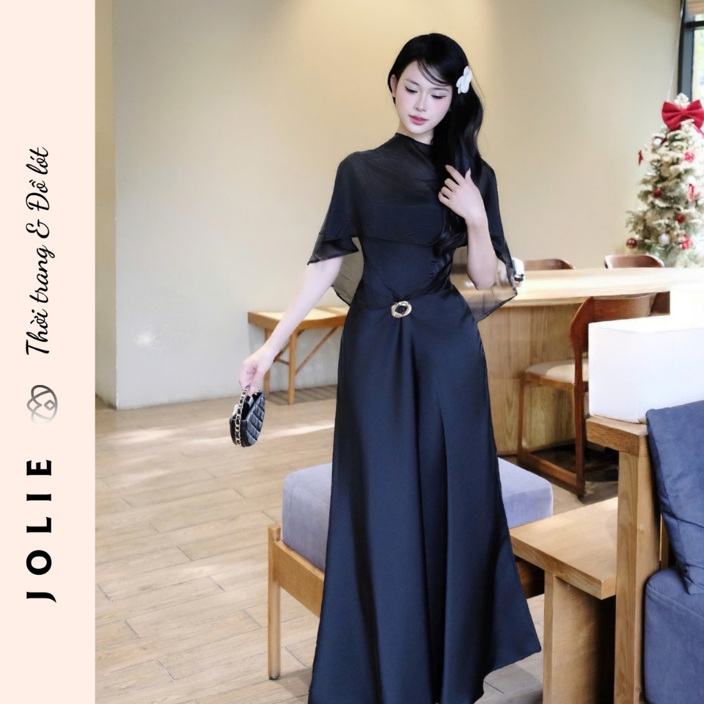 Váy Dài Dự Tiệc Cổ Cao Phối Tơ Tay Choàng Đính Khuyên Eo Cao Cấp Jolie