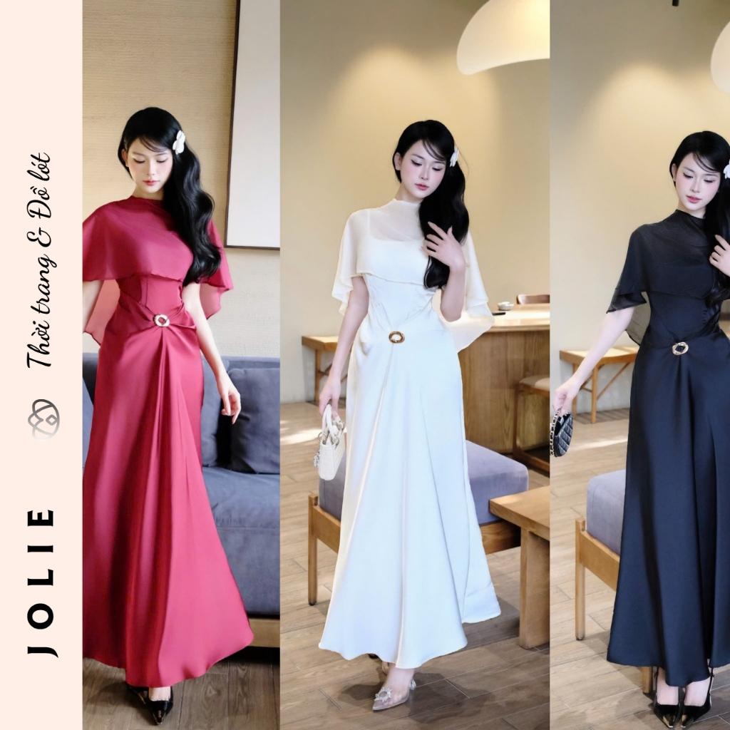 Váy Dài Dự Tiệc Cổ Cao Phối Tơ Tay Choàng Đính Khuyên Eo Cao Cấp Jolie