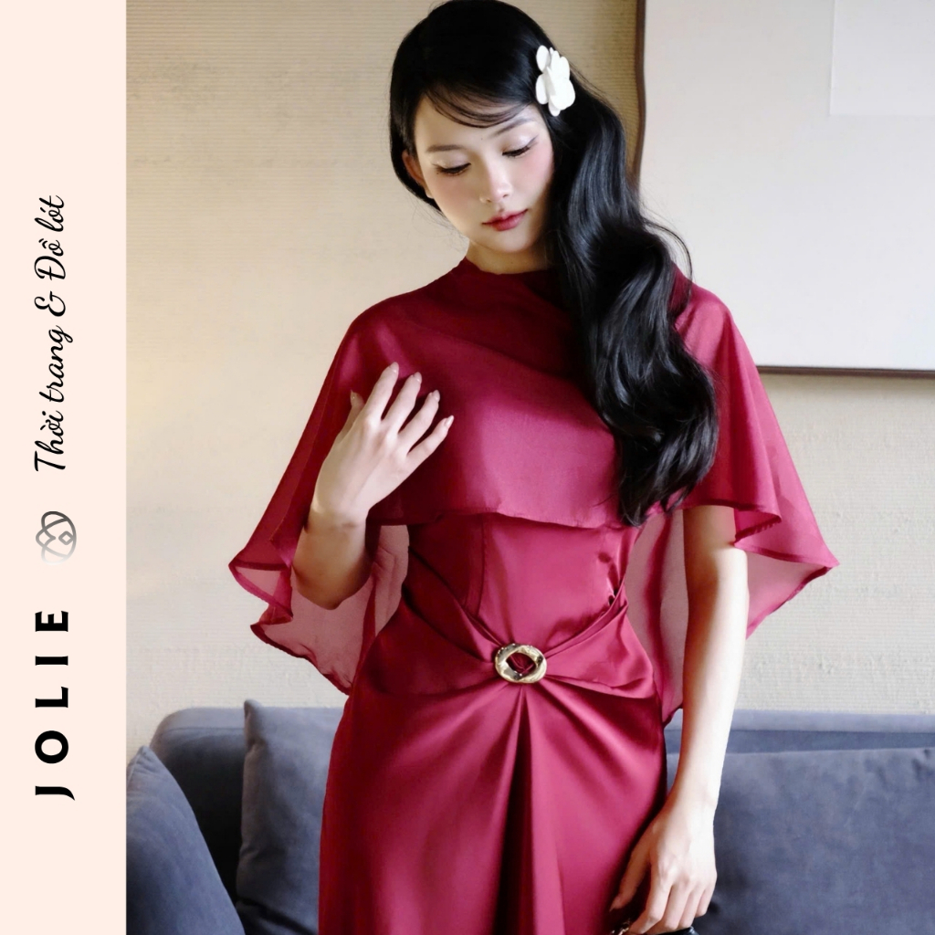 Váy Dài Dự Tiệc Cổ Cao Phối Tơ Tay Choàng Đính Khuyên Eo Cao Cấp Jolie
