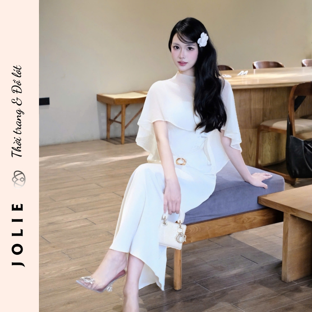 Váy Dài Dự Tiệc Cổ Cao Phối Tơ Tay Choàng Đính Khuyên Eo Cao Cấp Jolie