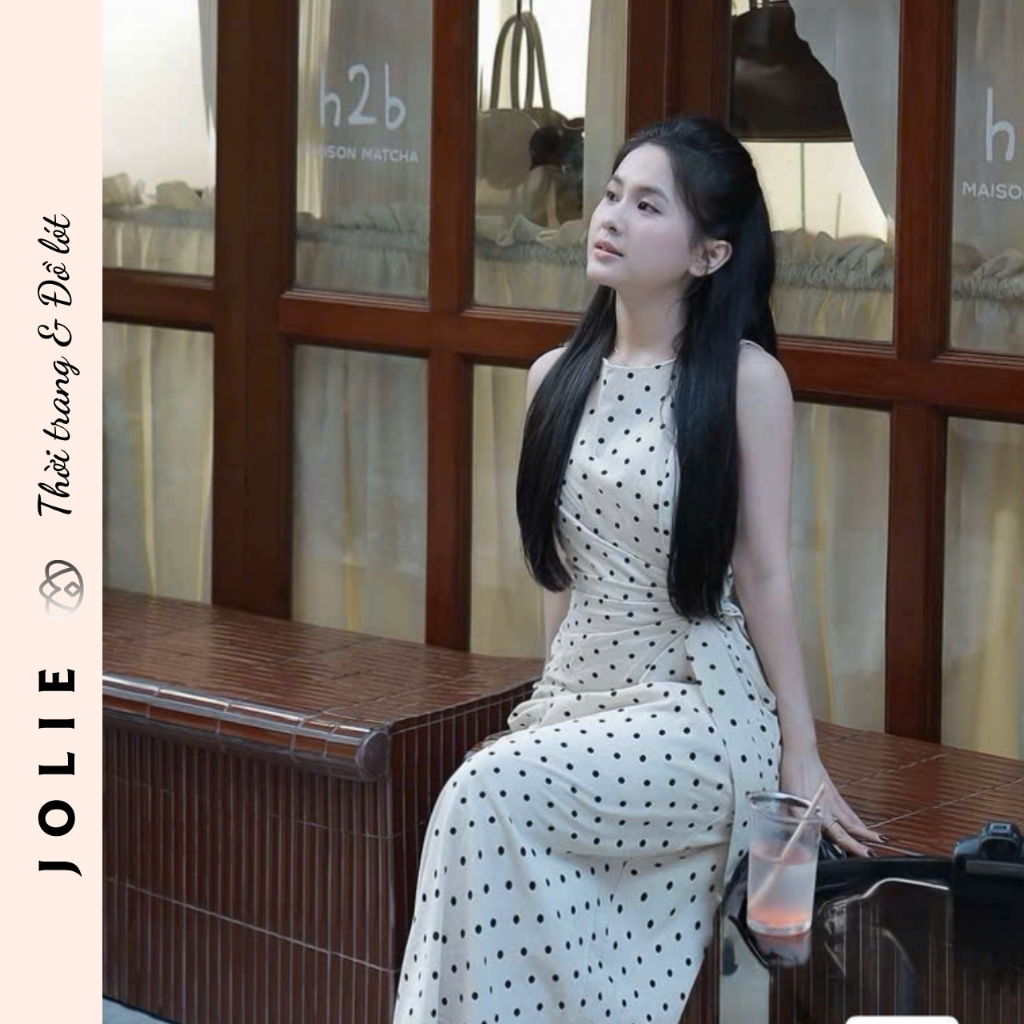 Váy Dài Sát Nách Họa Tiết Chấm Bi Phối Đai Eo Thanh Lịch Jolie