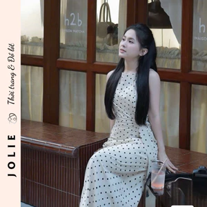 Váy Dài Sát Nách Họa Tiết Chấm Bi Phối Đai Eo Thanh Lịch Jolie