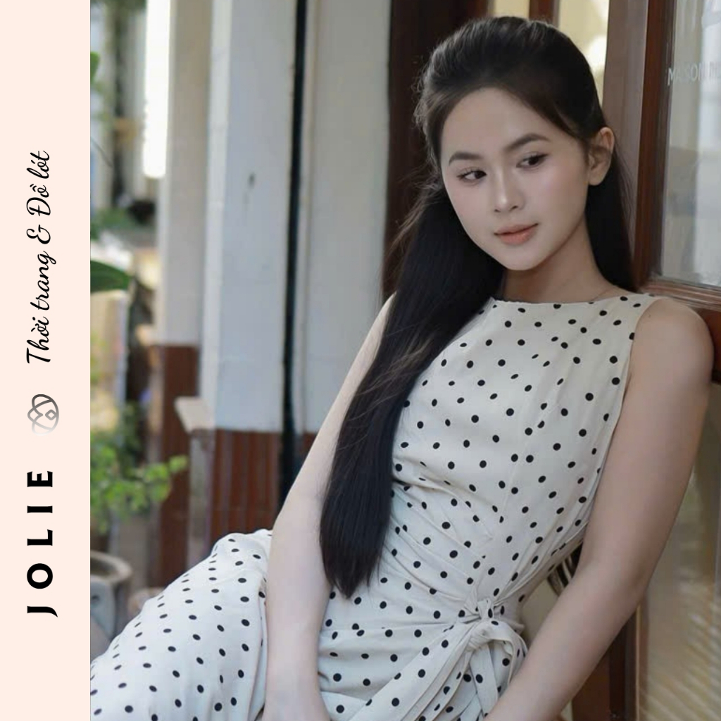 Váy Dài Sát Nách Họa Tiết Chấm Bi Phối Đai Eo Thanh Lịch Jolie