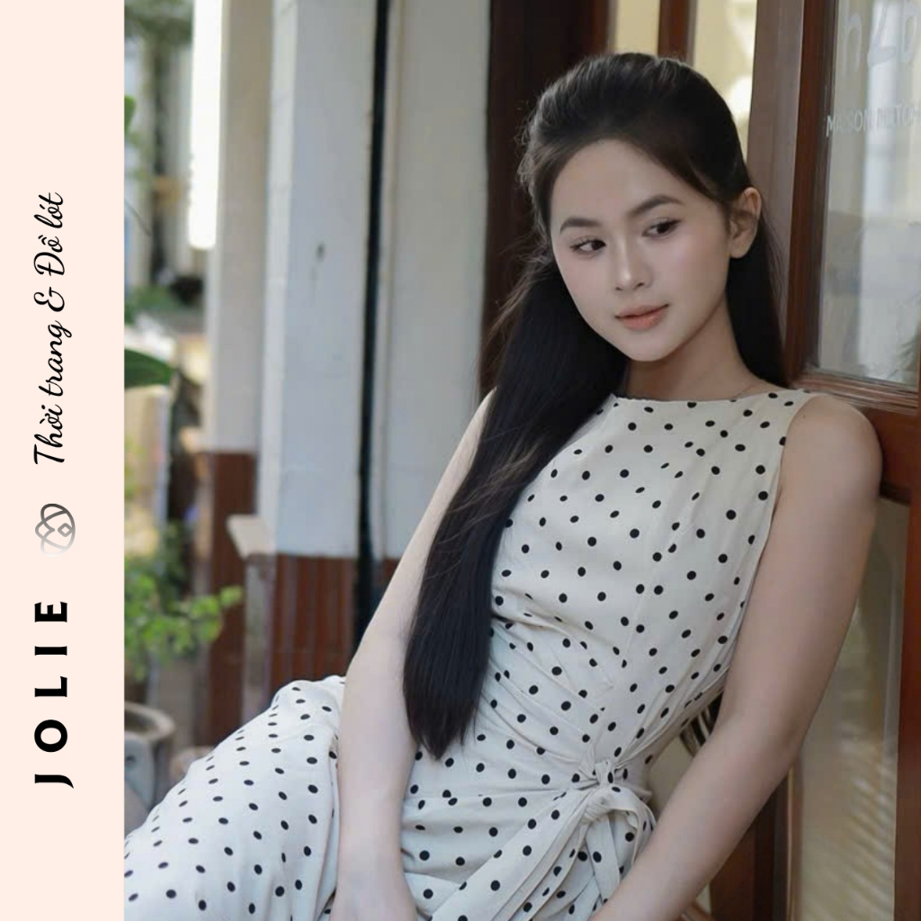 Váy Dài Sát Nách Họa Tiết Chấm Bi Phối Đai Eo Thanh Lịch Jolie
