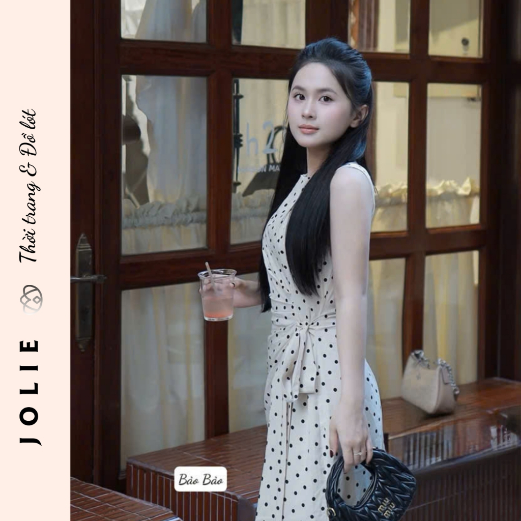Váy Dài Sát Nách Họa Tiết Chấm Bi Phối Đai Eo Thanh Lịch Jolie