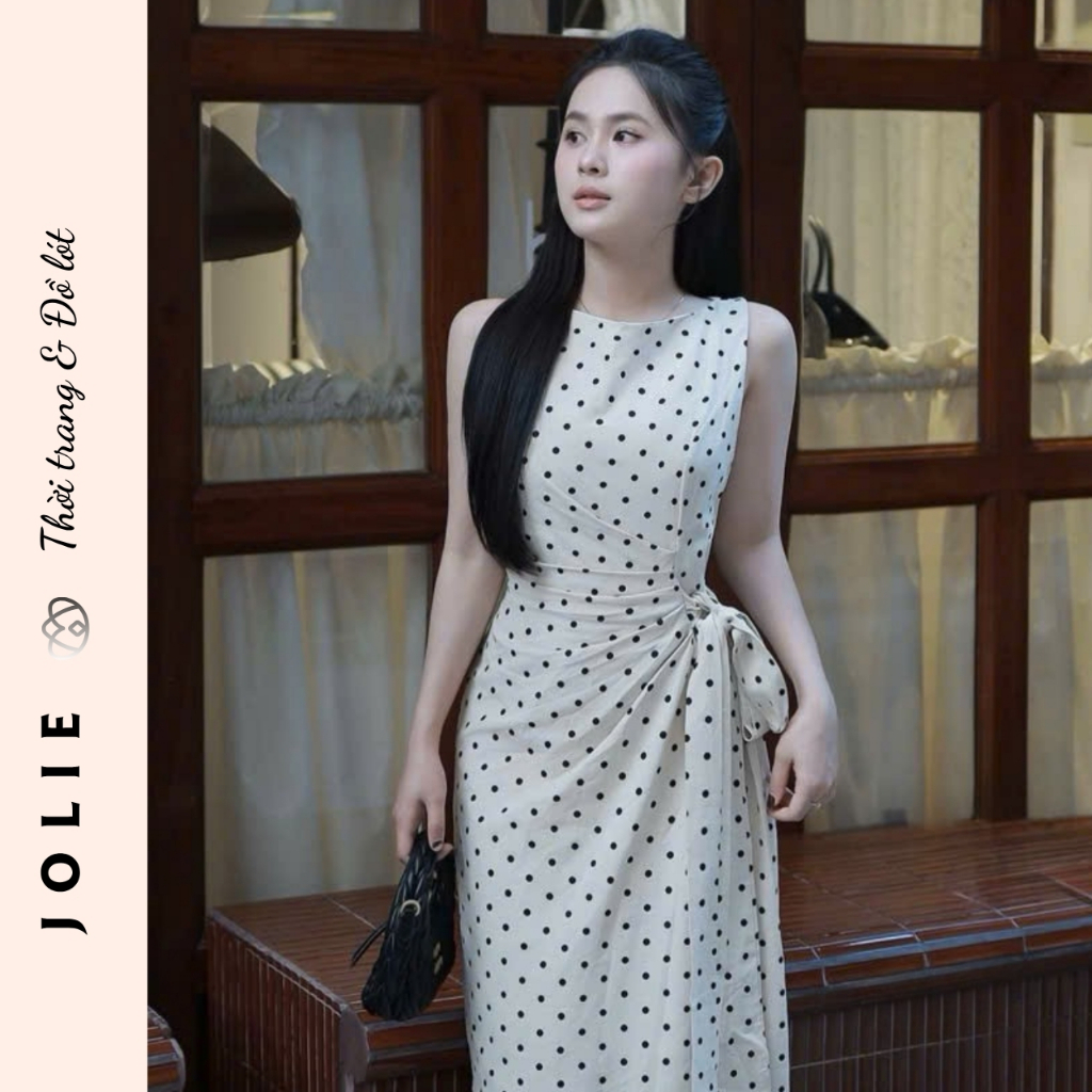Váy Dài Sát Nách Họa Tiết Chấm Bi Phối Đai Eo Thanh Lịch Jolie