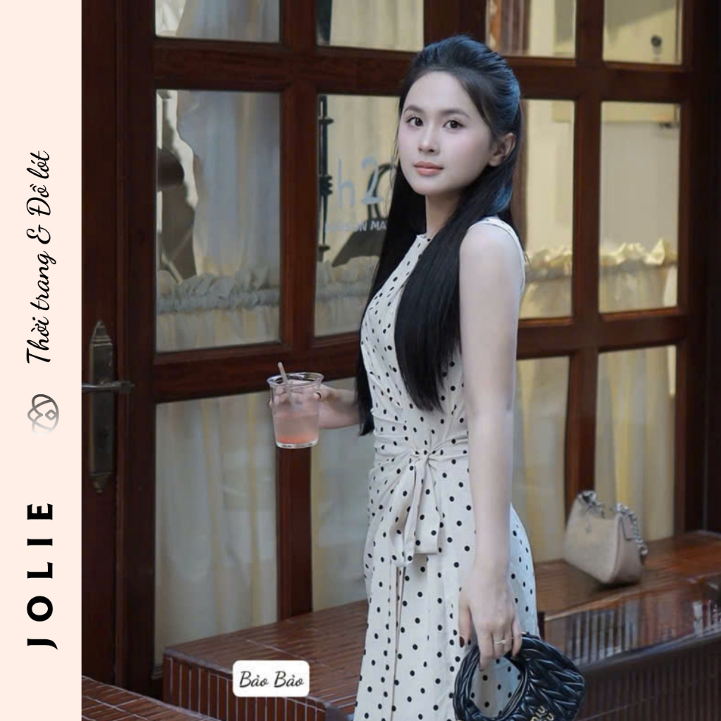 Váy Dài Sát Nách Họa Tiết Chấm Bi Phối Đai Eo Thanh Lịch Jolie