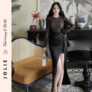 Váy Đen Dự Tiệc Phối Ren Lưới Xẻ Đùi Đính Hoa Eo Cao Cấp Jolie
