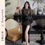 Váy Đen Dự Tiệc Phối Ren Lưới Xẻ Đùi Đính Hoa Eo Cao Cấp Jolie