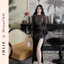 Váy Đen Dự Tiệc Phối Ren Lưới Xẻ Đùi Đính Hoa Eo Cao Cấp Jolie