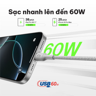 Cáp sạc nhanh Belkin USB Type C - C công suất 60W vỏ dù 1M chuẩn Apple PD siêu bền truyền dữ liệu bảo hành 2 năm