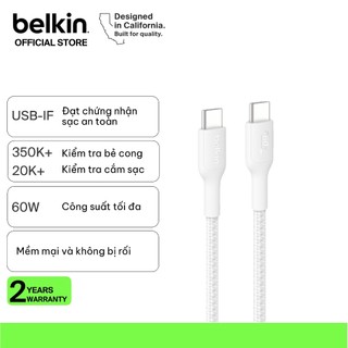 Cáp sạc nhanh Belkin USB Type C - C công suất 60W vỏ dù 1M chuẩn Apple PD siêu bền truyền dữ liệu bảo hành 2 năm