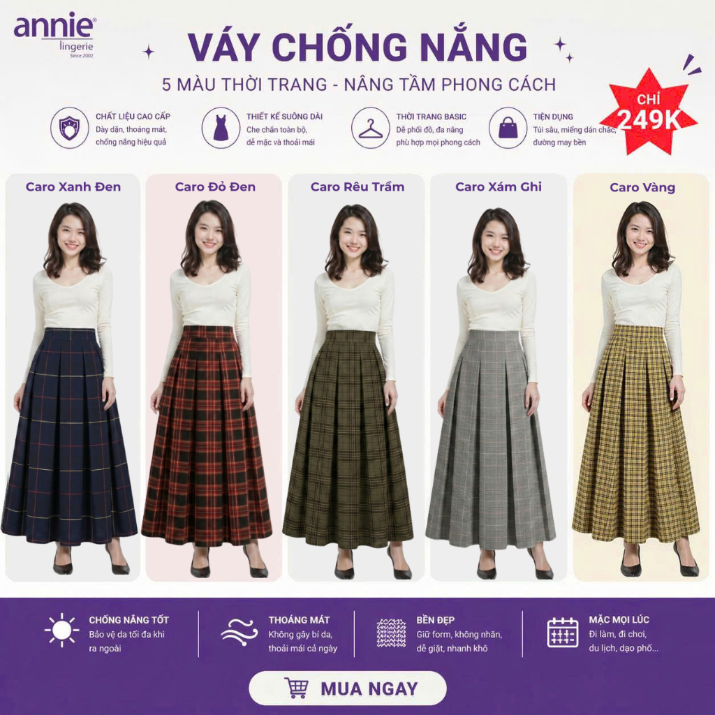 Váy Chống Nắng Cho Nữ annie Chất Cotton Dày Dặn, Quây Chống Nắng Chống Tia UV Che Nắng Toàn Diện Đi Xe Máy