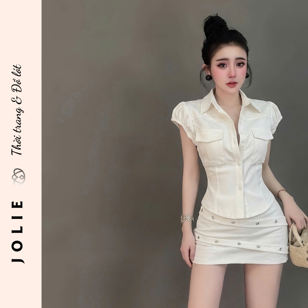 Set Bộ Áo Sơ Mi Cộc Tay Phối Túi Hộp Và Chân Váy Ngắn Đính Khoen Jolie
