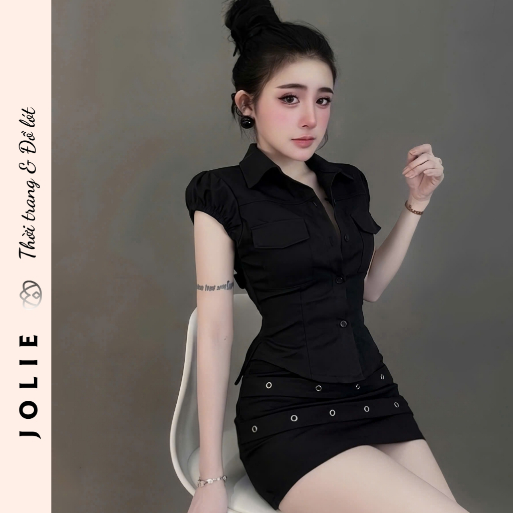 Set Bộ Áo Sơ Mi Cộc Tay Phối Túi Hộp Và Chân Váy Ngắn Đính Khoen Jolie