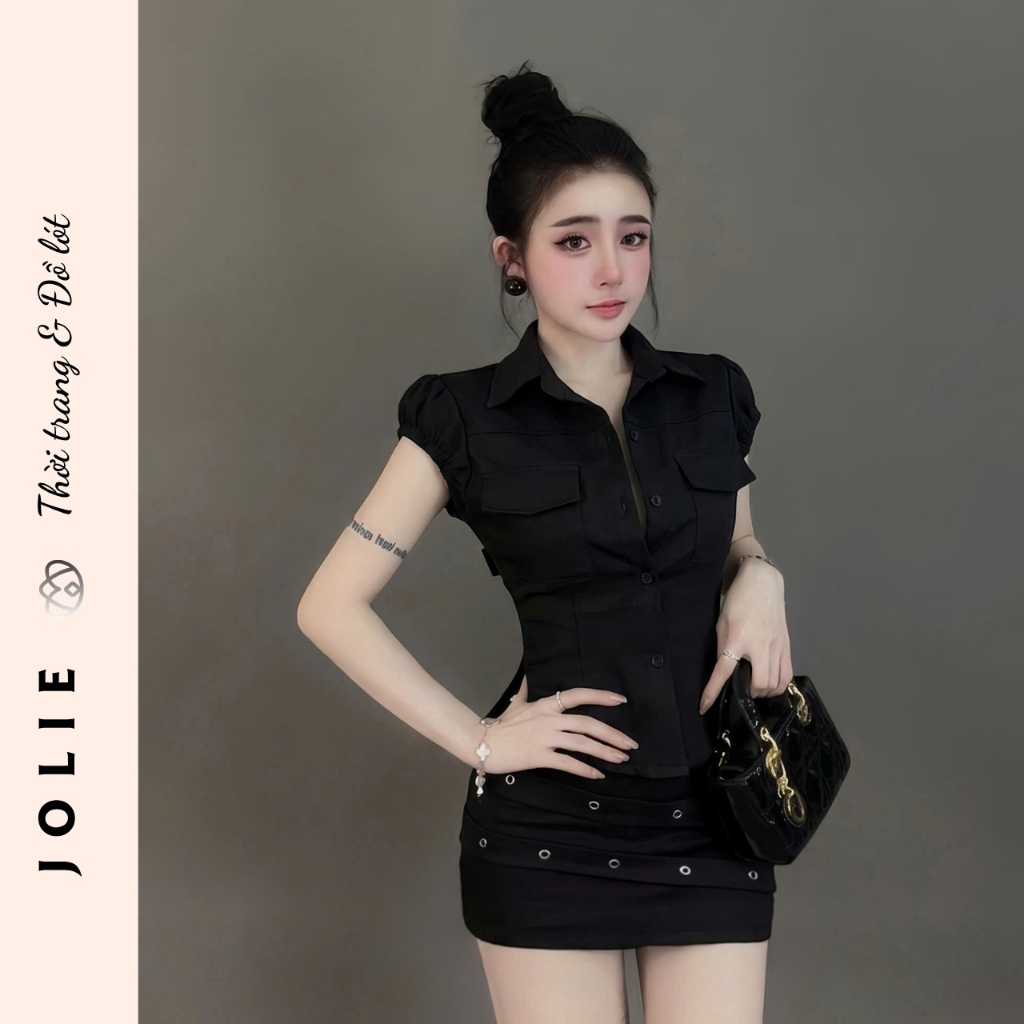 Set Bộ Áo Sơ Mi Cộc Tay Phối Túi Hộp Và Chân Váy Ngắn Đính Khoen Jolie
