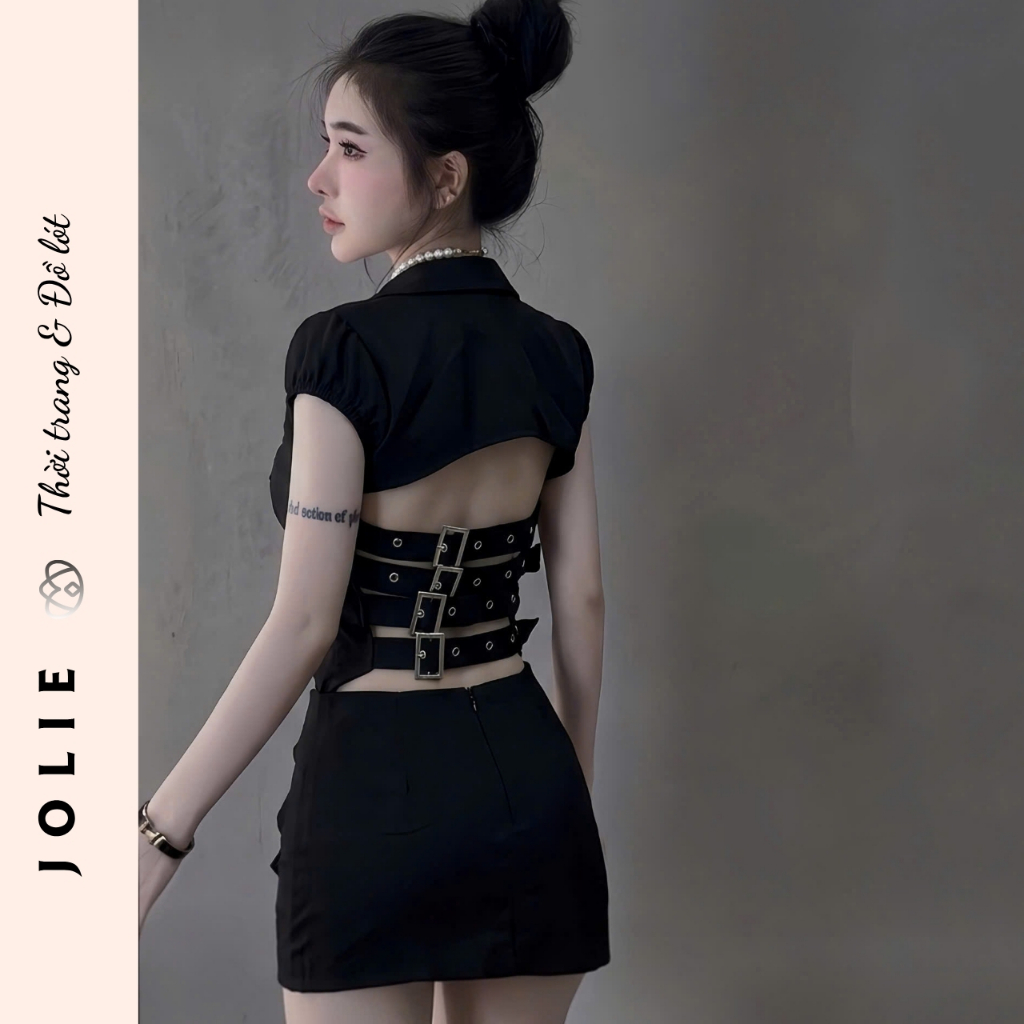 Set Bộ Áo Sơ Mi Cộc Tay Phối Túi Hộp Và Chân Váy Ngắn Đính Khoen Jolie