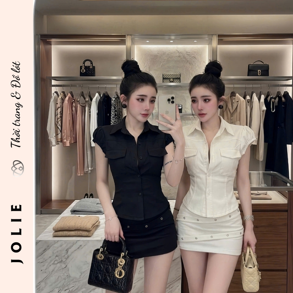 Set Bộ Áo Sơ Mi Cộc Tay Phối Túi Hộp Và Chân Váy Ngắn Đính Khoen Jolie