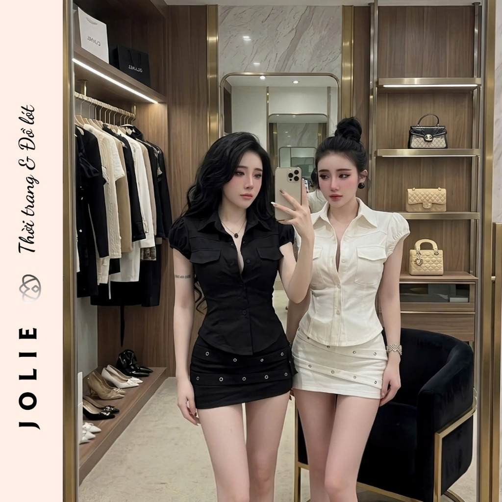 Set Bộ Áo Sơ Mi Cộc Tay Phối Túi Hộp Và Chân Váy Ngắn Đính Khoen Jolie