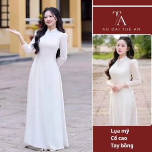 Áo Dài Trắng Học Sinh Vải Lụa Mỹ Tay Bồng Tôn Dáng Dịu Dàng Nàng Thơ