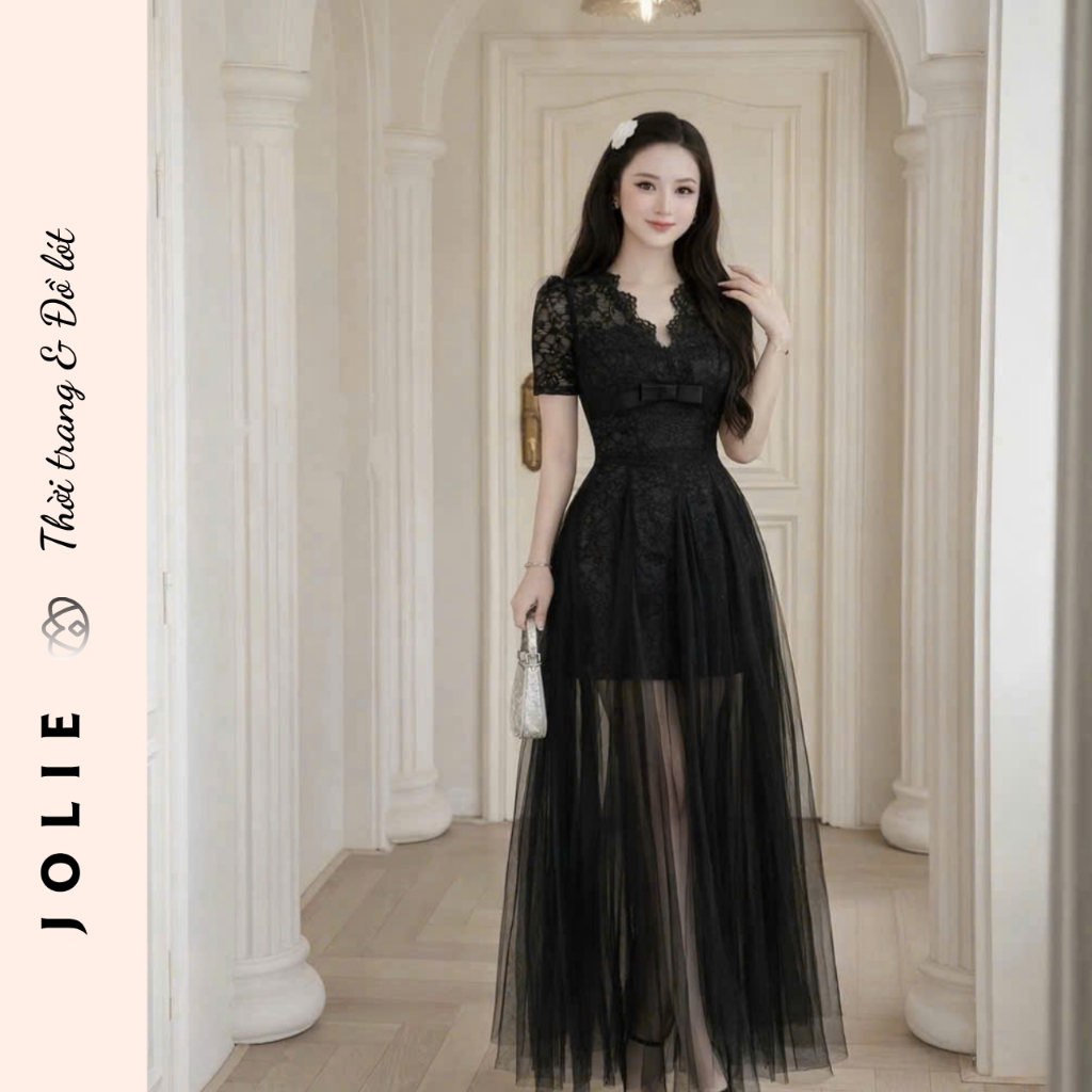 Váy Ren Cổ V Tay Ngắn Phối Nơ Eo Và Chân Váy Tơ Bồng Bềnh Jolie