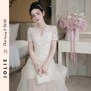 Váy Ren Cổ V Tay Ngắn Phối Nơ Eo Và Chân Váy Tơ Bồng Bềnh Jolie