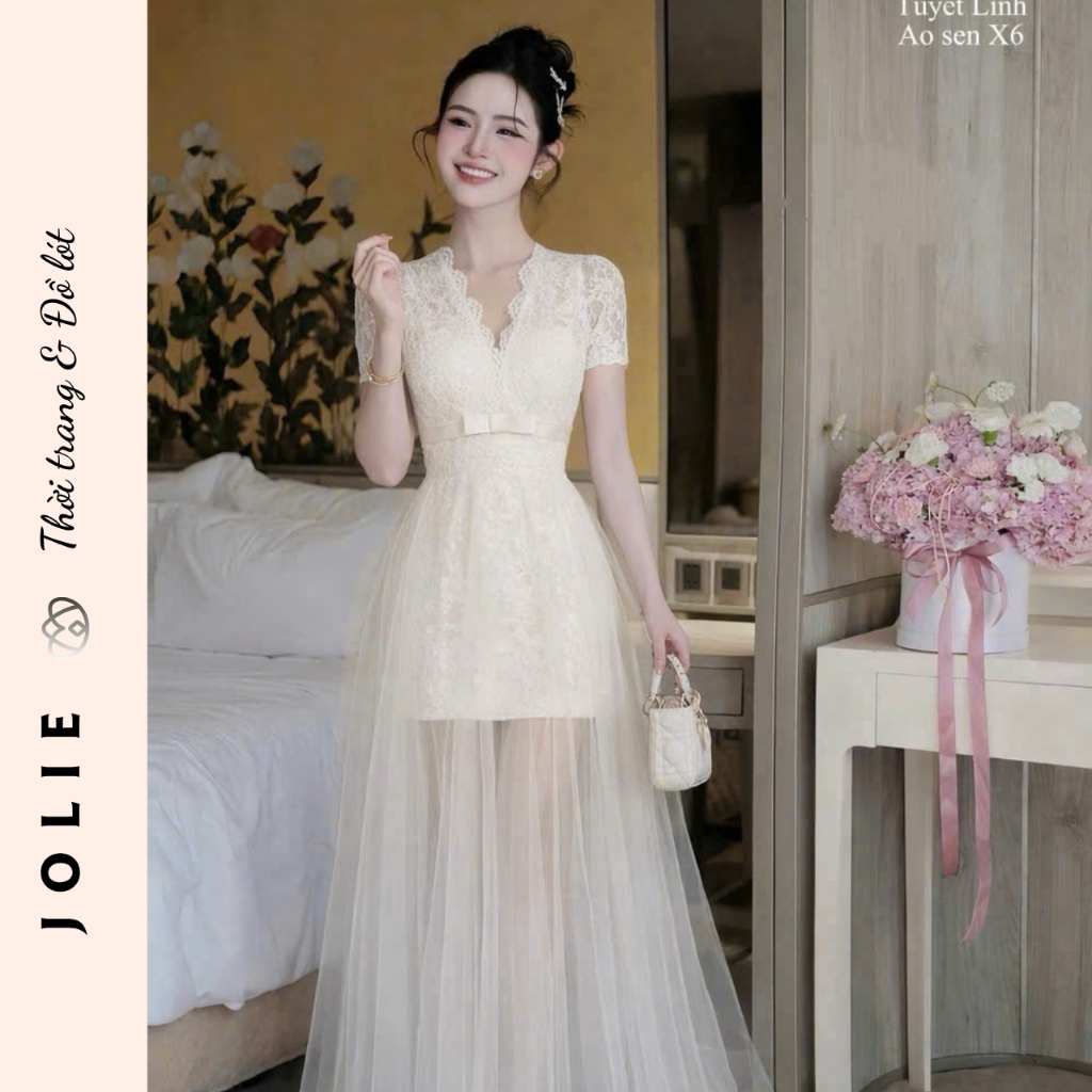 Váy Ren Cổ V Tay Ngắn Phối Nơ Eo Và Chân Váy Tơ Bồng Bềnh Jolie