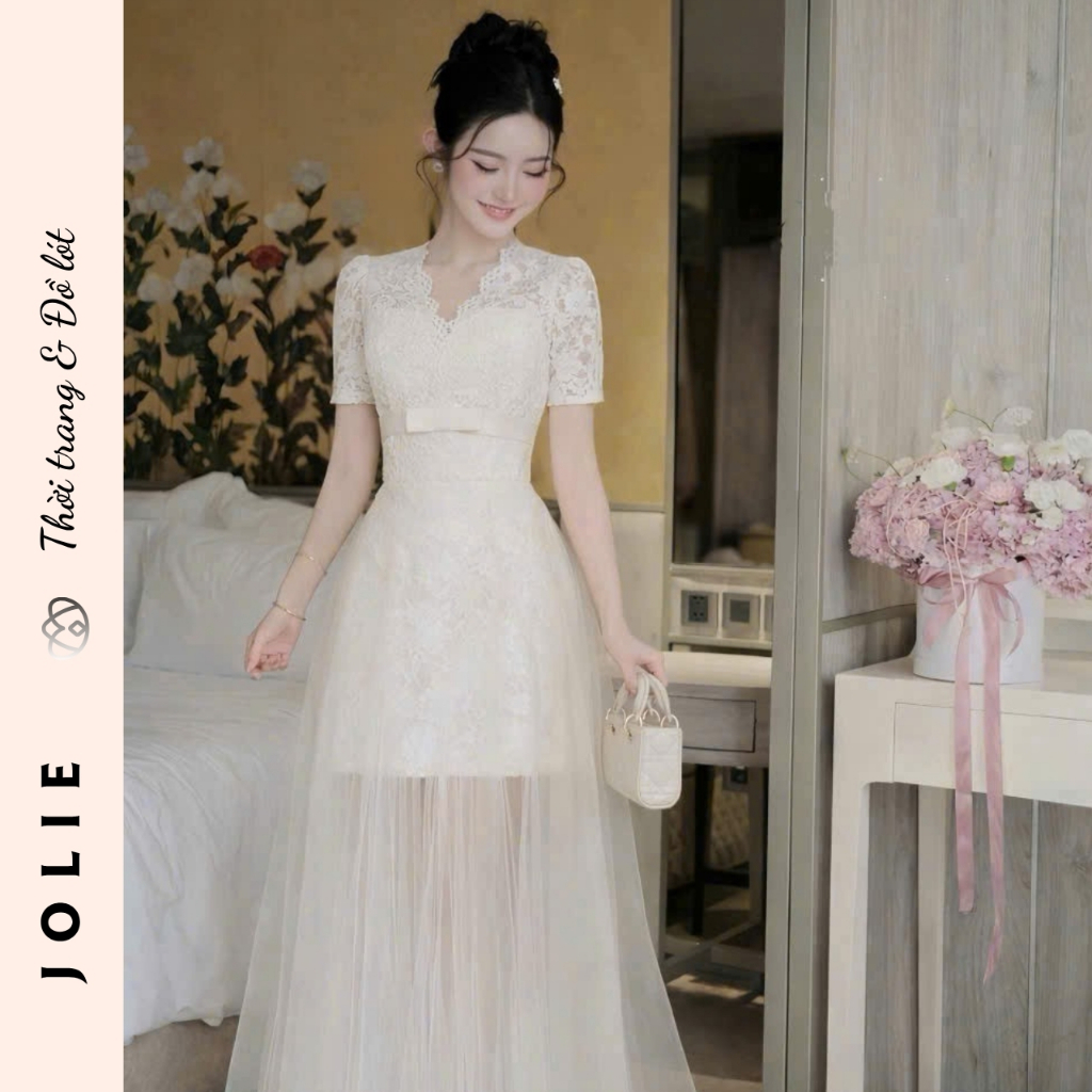 Váy Ren Cổ V Tay Ngắn Phối Nơ Eo Và Chân Váy Tơ Bồng Bềnh Jolie