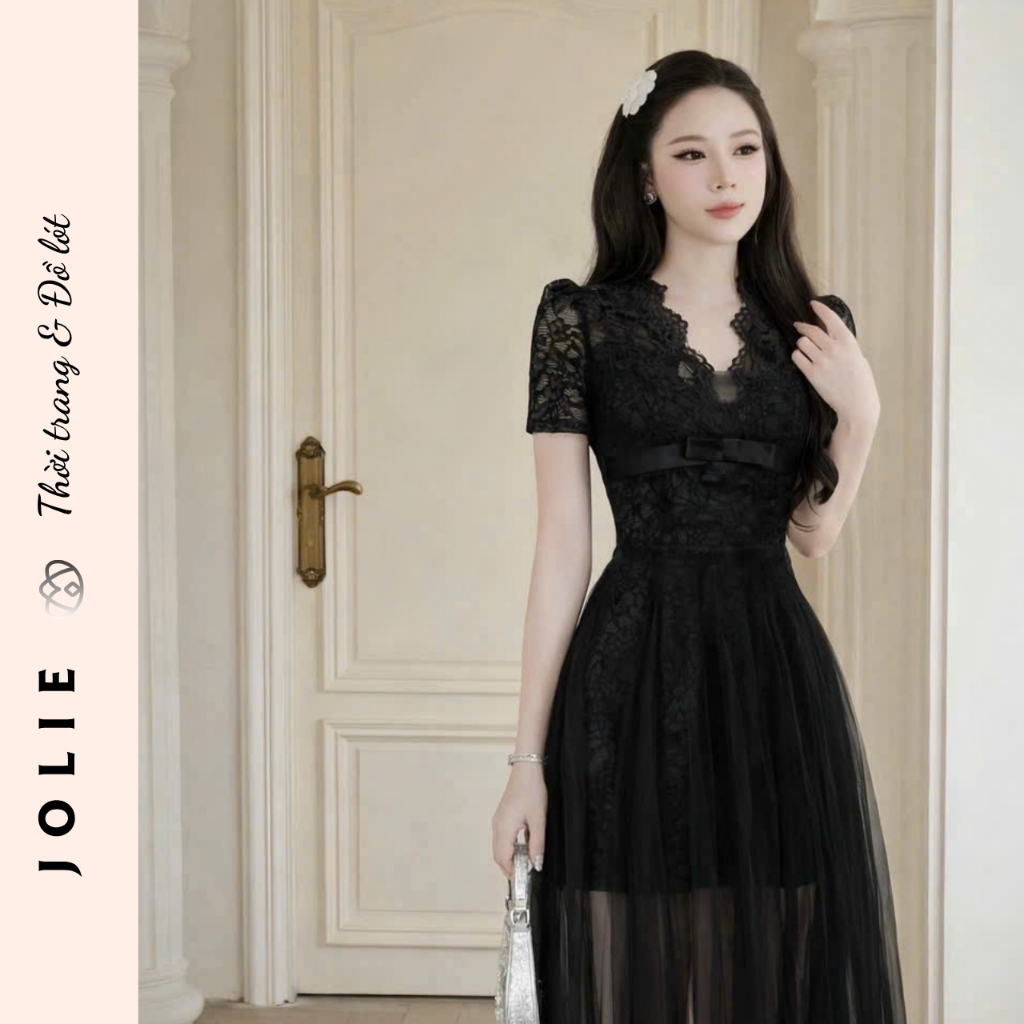 Váy Ren Cổ V Tay Ngắn Phối Nơ Eo Và Chân Váy Tơ Bồng Bềnh Jolie