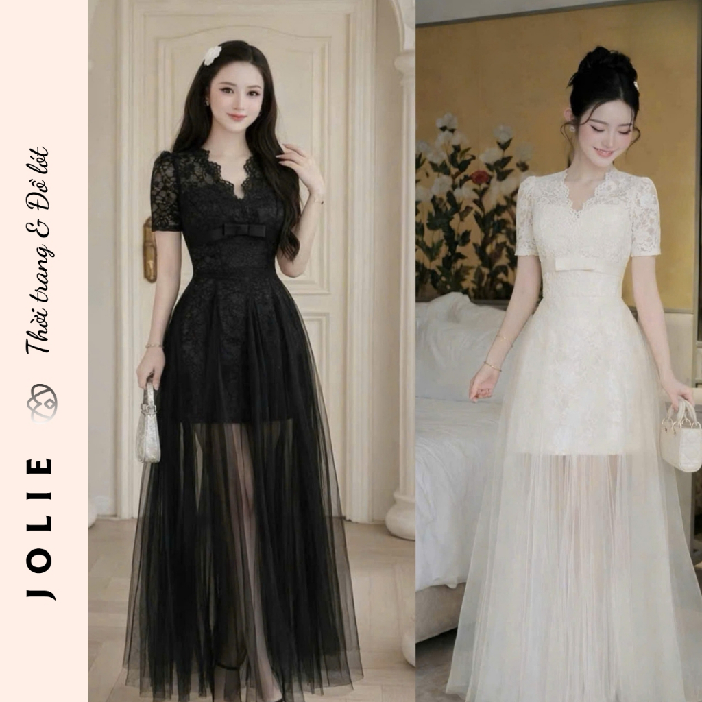 Váy Ren Cổ V Tay Ngắn Phối Nơ Eo Và Chân Váy Tơ Bồng Bềnh Jolie