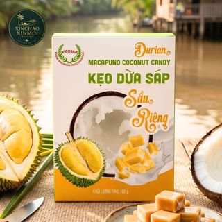 [25.06] Kẹo Dừa Sáp Sầu Riêng VICOSAP | Đặc sản Trà Vinh (Hộp 100g)