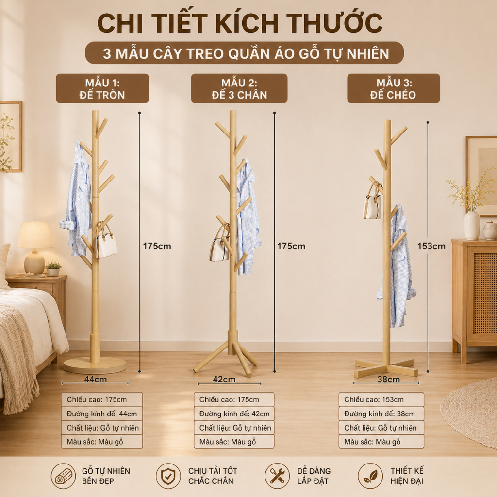 CONOCO Giá treo quần áo đứng bằng gỗ 175cm cây treo áo túi mũ 3 chân tiết kiệm diện tích
