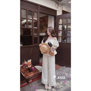 Set bộ thời trang nữ phong cách trẻ trung dễ thương áo babdoll tay bồng trễ vai mix quần ống suông rộng in bi