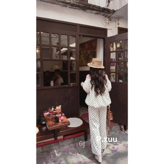 Set bộ thời trang nữ phong cách trẻ trung dễ thương áo babdoll tay bồng trễ vai mix quần ống suông rộng in bi