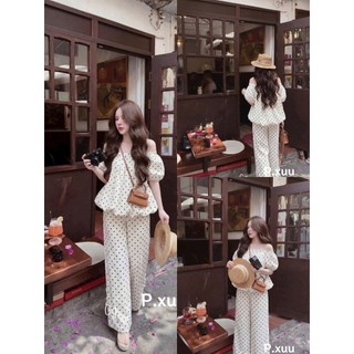Set bộ thời trang nữ phong cách trẻ trung dễ thương áo babdoll tay bồng trễ vai mix quần ống suông rộng in bi