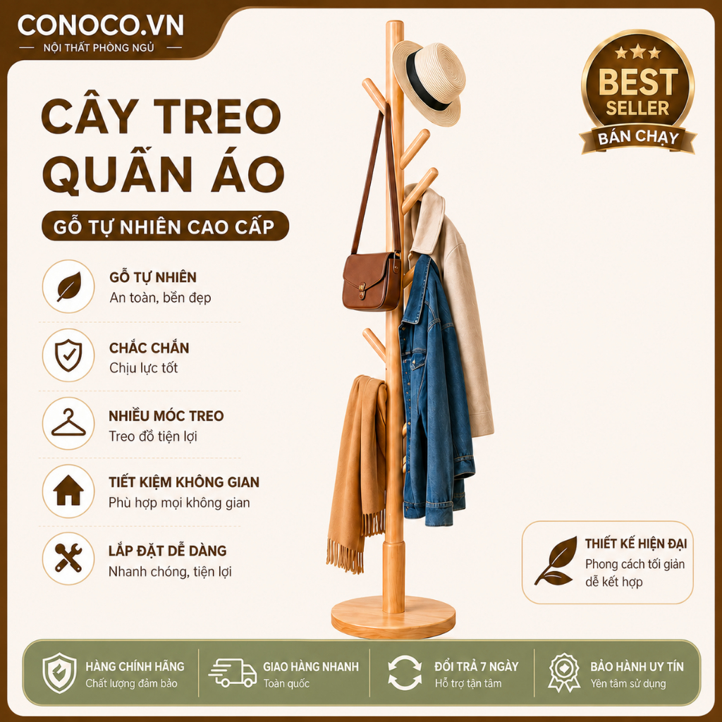 CONOCO Cây Treo Quần Áo Gỗ Sồi Tự Nhiên Trụ Dày Không Rung Lắc Giá Treo Đứng Cao Cấp
