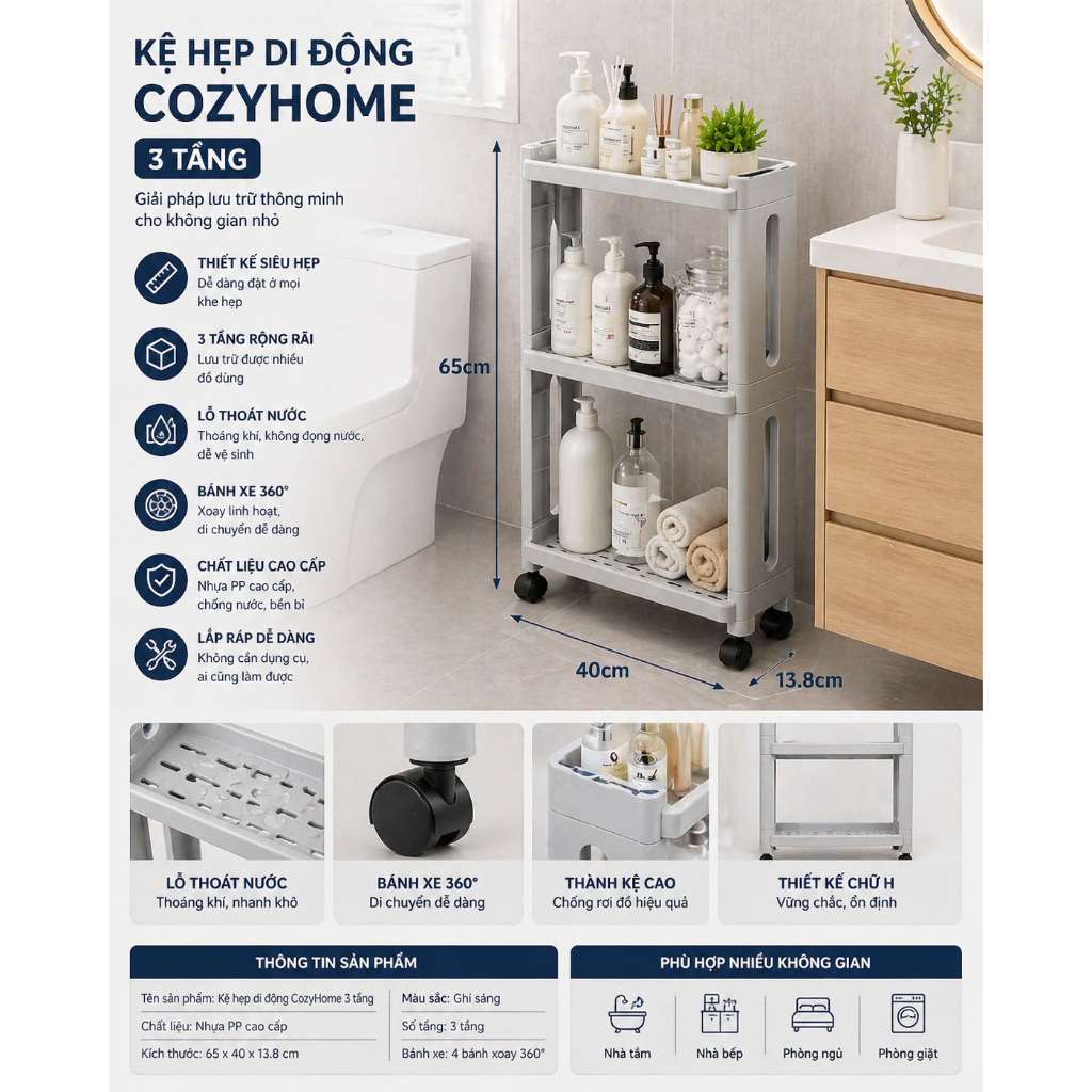 Kệ Hẹp Di Động CozyHome 3 Tầng Có Bánh Xe – Kệ Nhựa Đa Năng Nhà Tắm Nhà Bếp 65x40x13.8cm